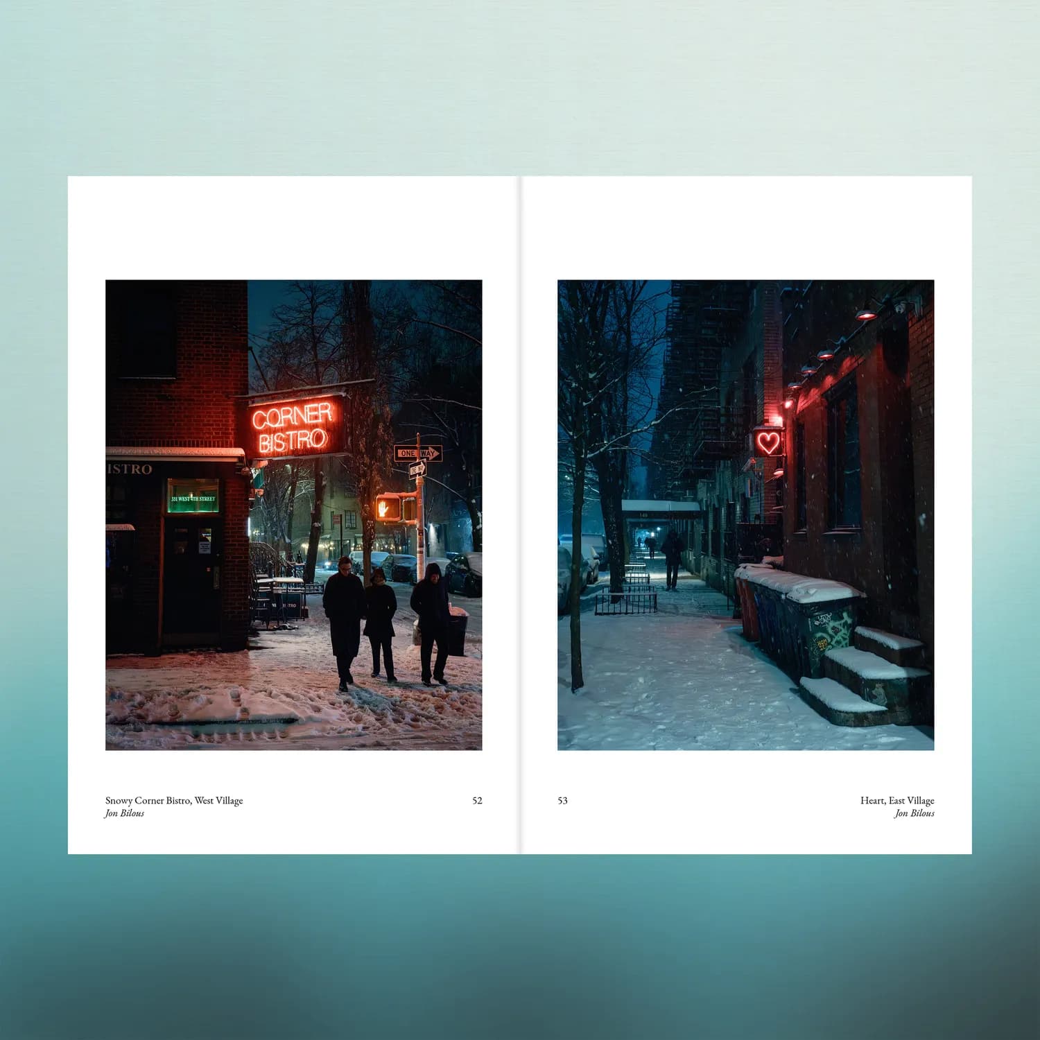 Spread: a snowy Corner Bistro in the West Village, and a neon heart in the East Village