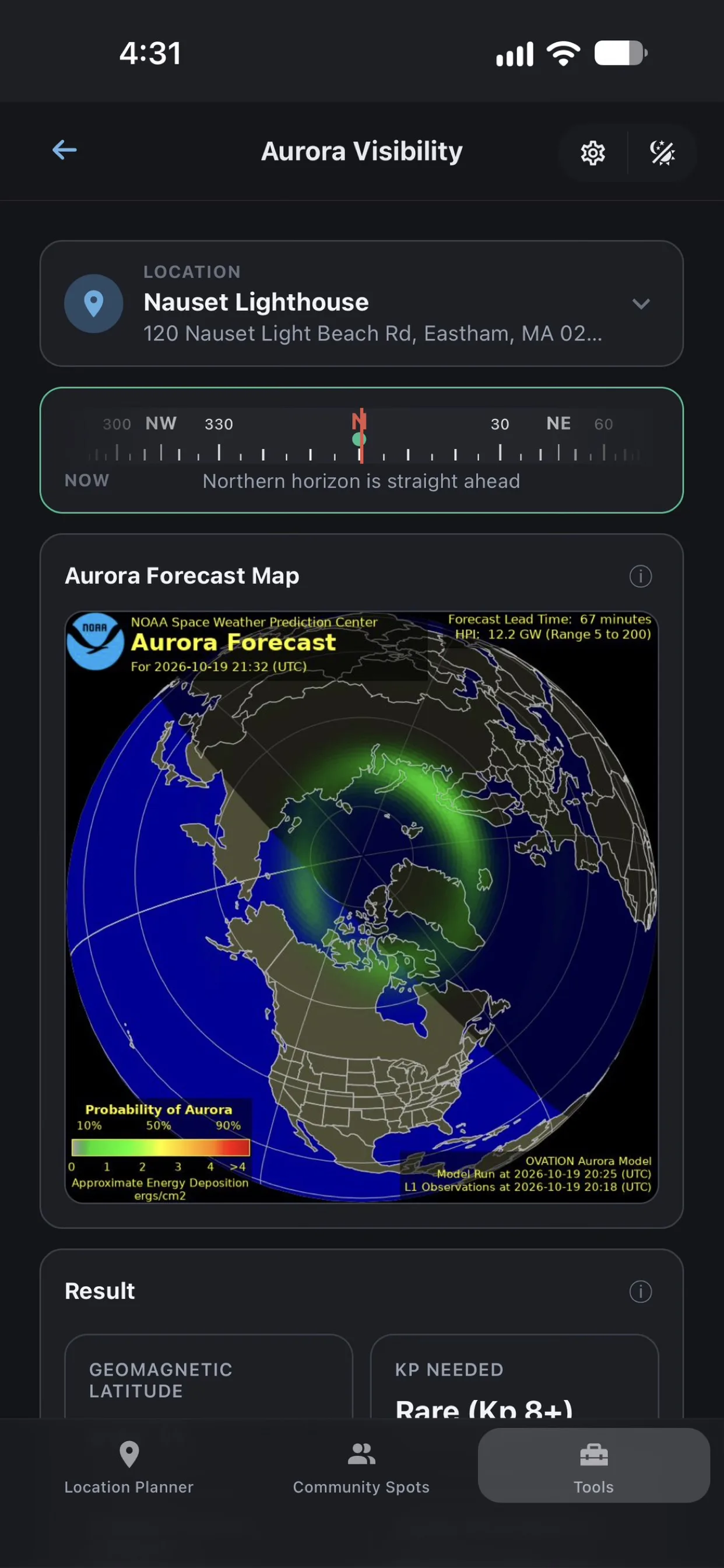 Aurora Visibility screen in Shutter Speed