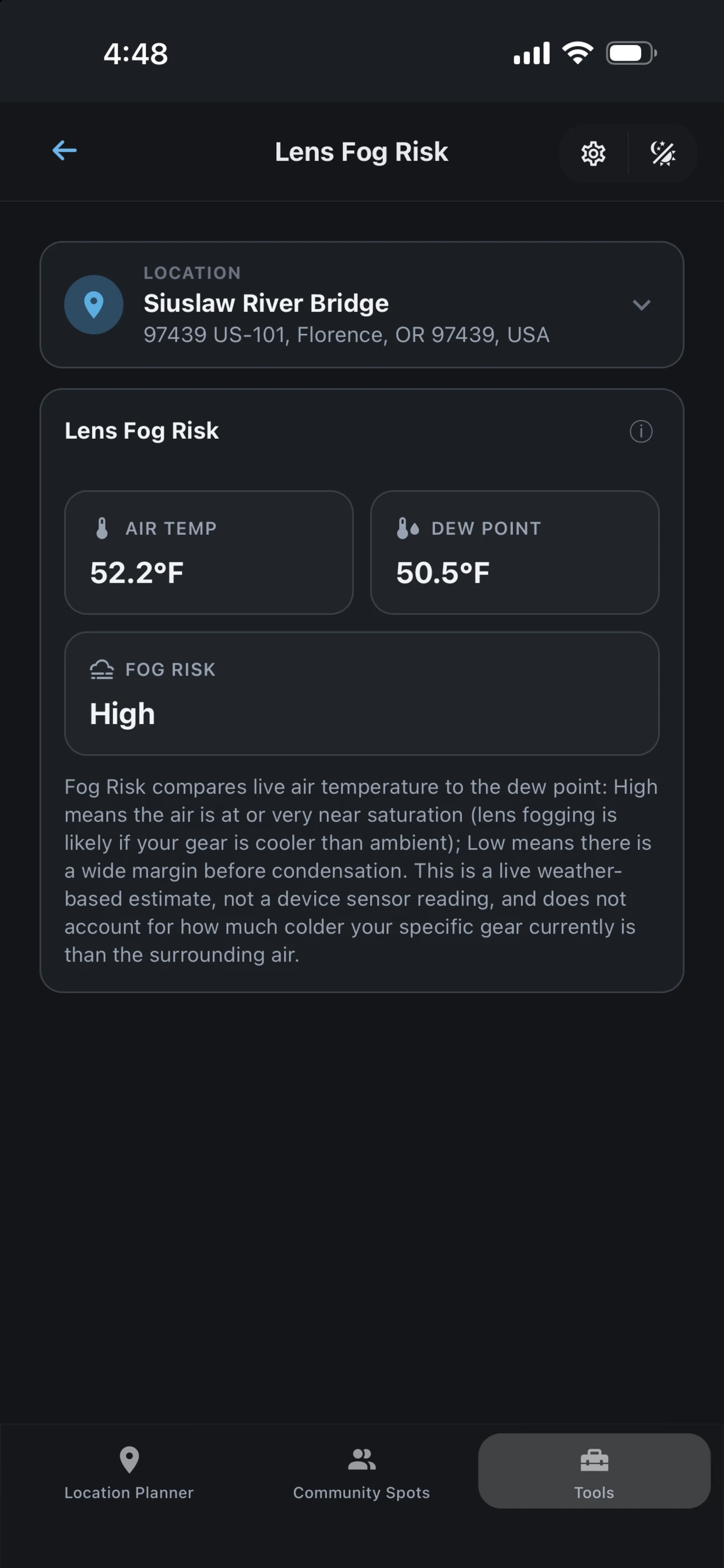 Lens Fog Risk screen in Shutter Speed