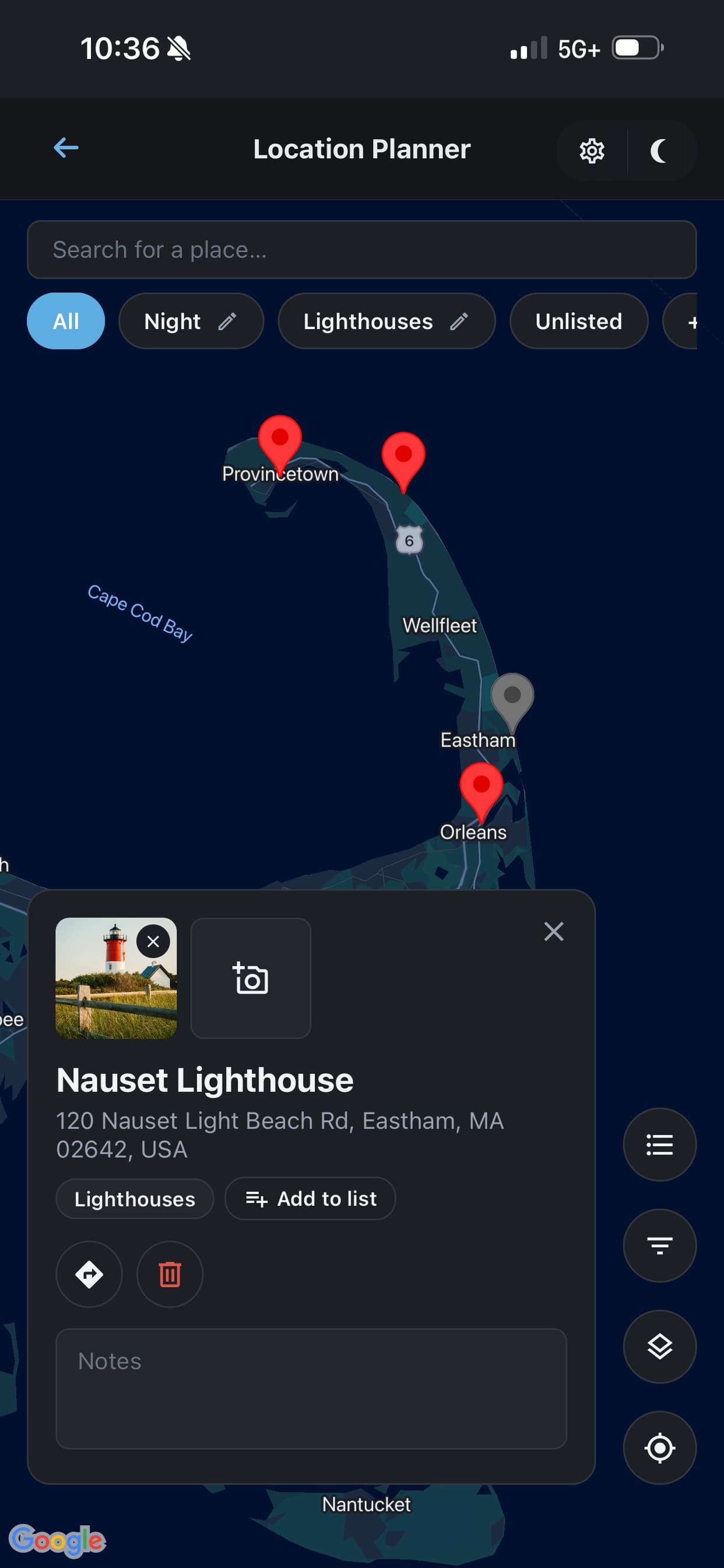 Location Planner screen in Shutter Speed
