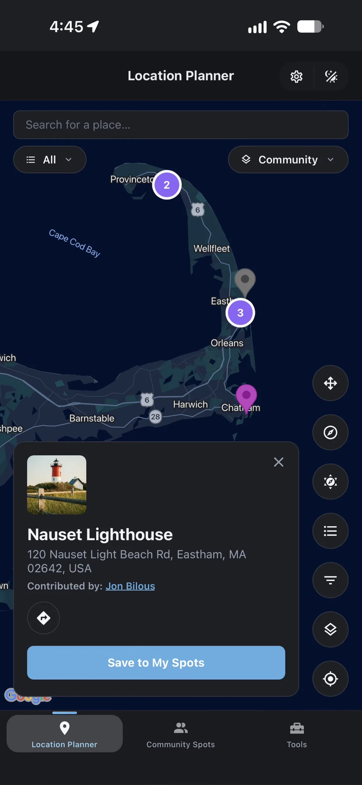 Location Planner screen in Shutter Speed