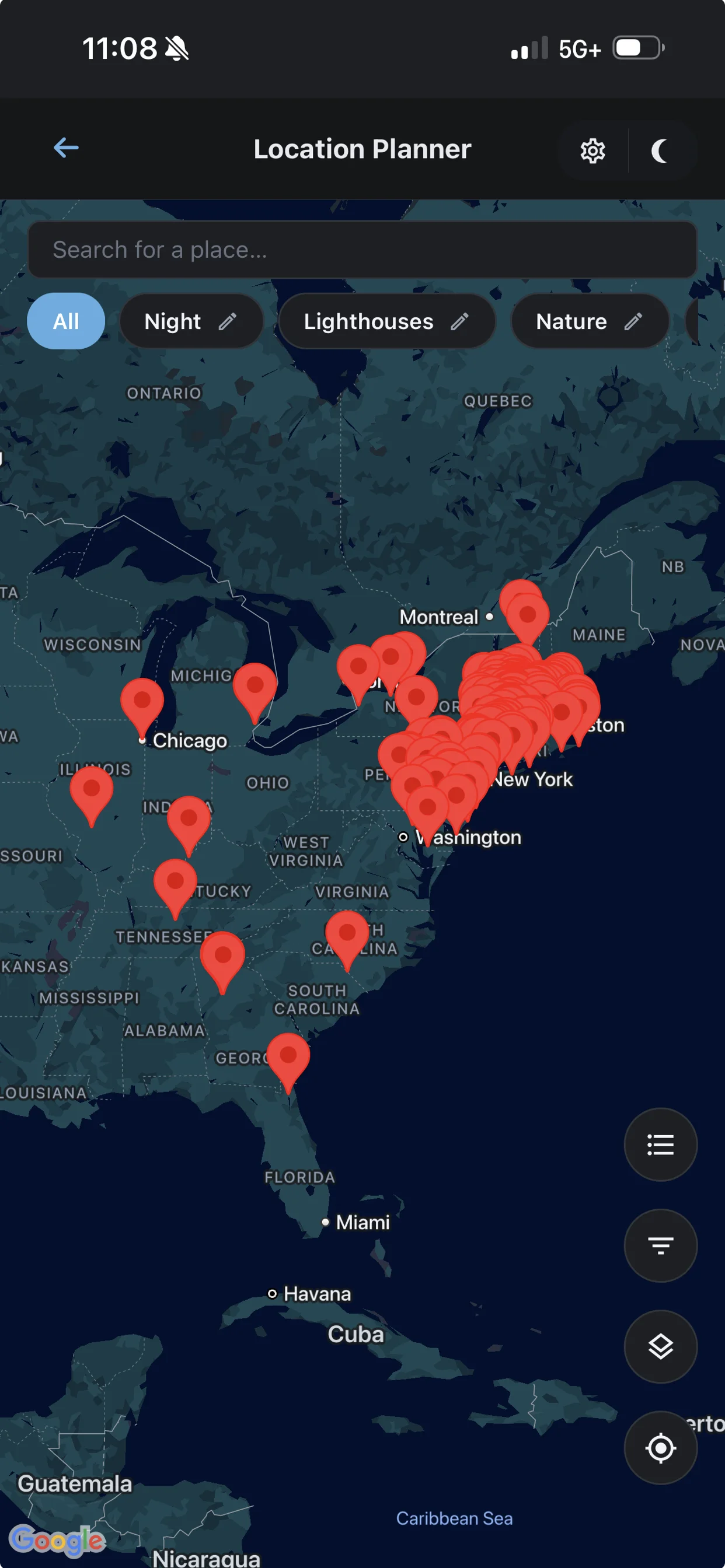 Location Planner screen in Shutter Speed