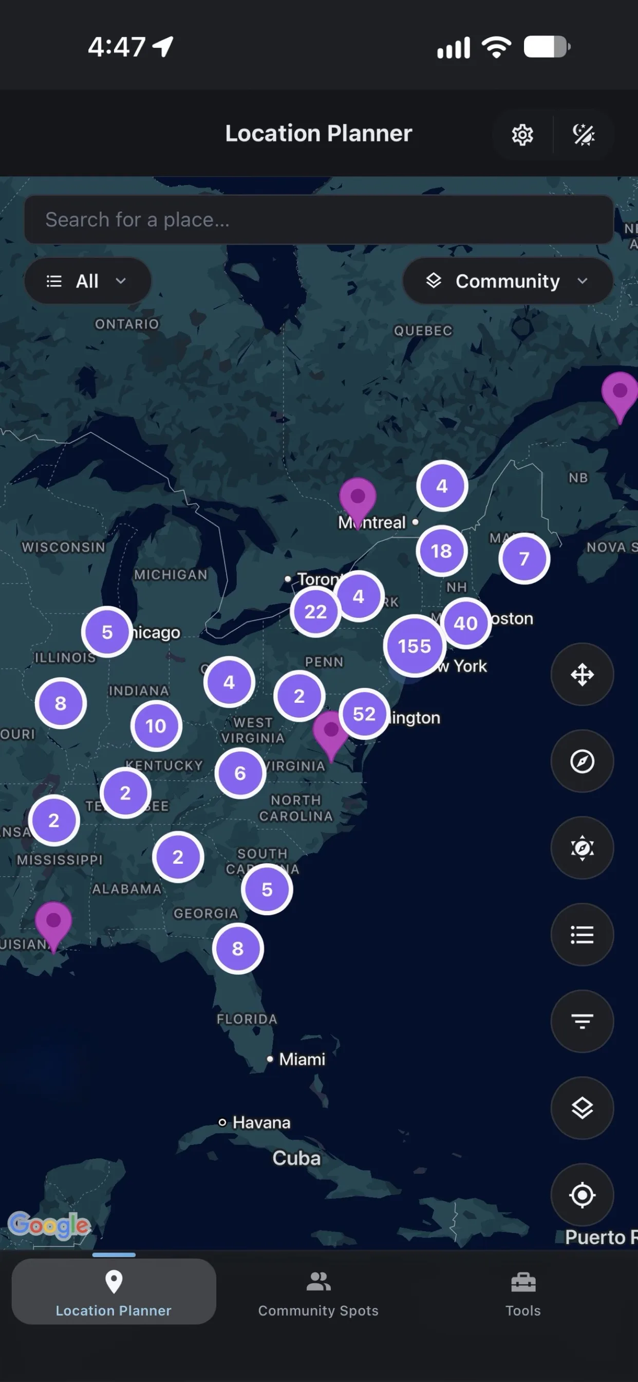 Location Planner screen in Shutter Speed