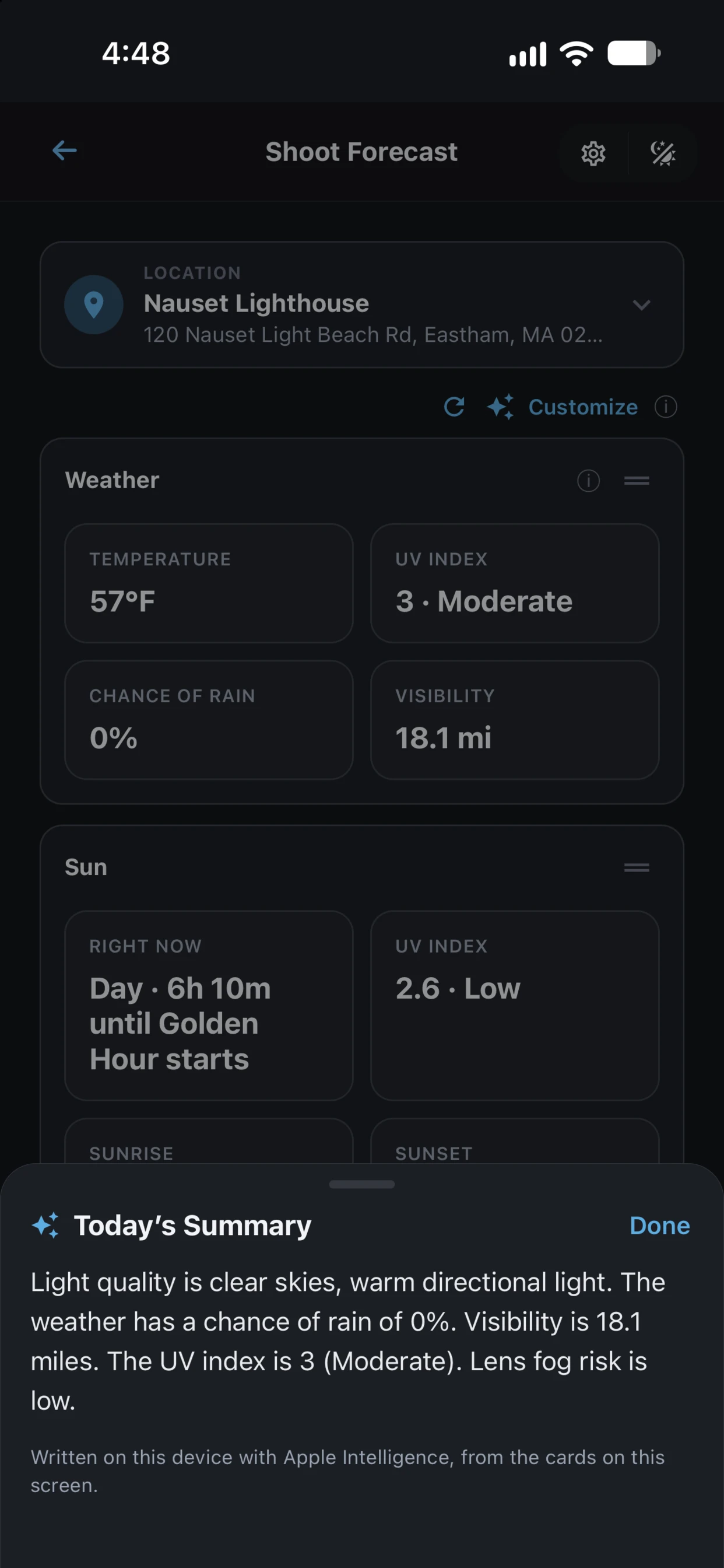 Shoot Forecast screen in Shutter Speed